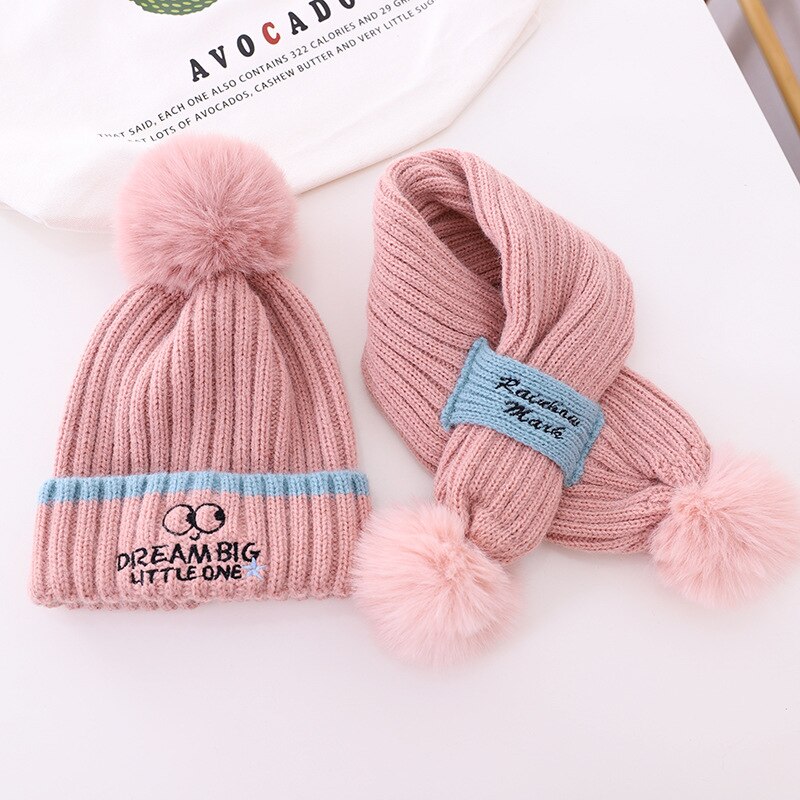 Winter Kinderen Gebreide Muts Sjaal 2 Stuks Kinderen Cap Halswarmer Skiën Kids Beanie Met Oorklep Pluche Voering Kind hoeden Set 4-10Y