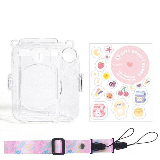 Funda transparente para cámara Fujifilm Instax Mini 12, funda protectora para bolsa de transporte con correa para el hombro, bolsa de almacenamiento de tres piezas: Amarillo / dorado