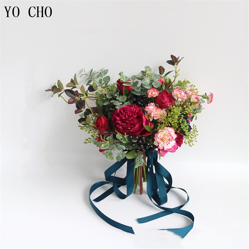 YO CHO Mode Bruid Hand Bloemen Mooie Pioen Bruidsboeketten Kunstmatige Rose Zijden Bloemen DIY Boeket Witte Pioen Rode Roos