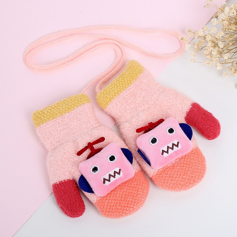 Wecute-gants en laine pour bébé | Mignons gants Robot de dessin animé, Plus gants de doigts à corde épaisse, gants chauds tricotés pour enfants garçons et filles: Light Pink