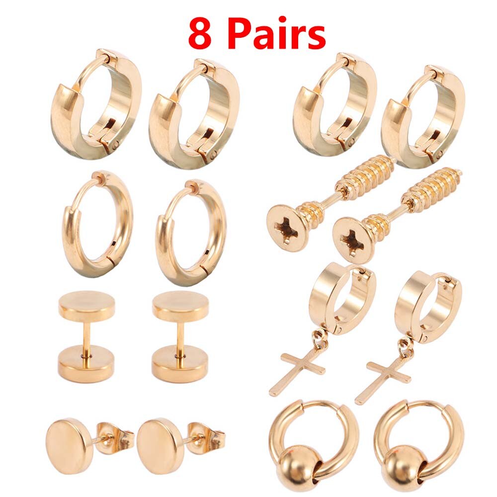 8 pares Punk pendientes Hip Hop Rock negro de acero de titanio Stud pendientes Acero inoxidable pendientes de pesas de la joyería para las mujeres de los hombres: gold
