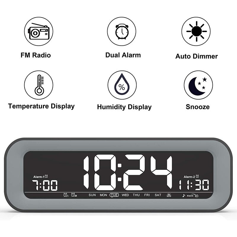 Alarm Clock Radio with Auto Dimming FM Radio 2 USB Charging Ports,Dual Alarm, Snooze, Date-Display for Bedroom