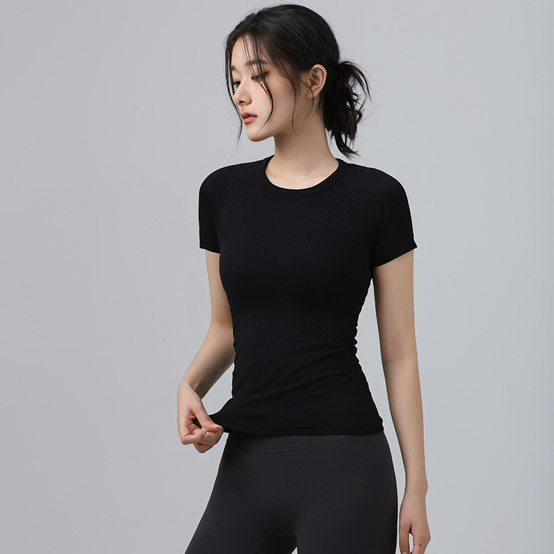 Sommer tætsiddende slank yogadragt kortærmet rund hals hurtigttørrende åndbar løbesports-t-shirt stretch pilates-top: S / Sort