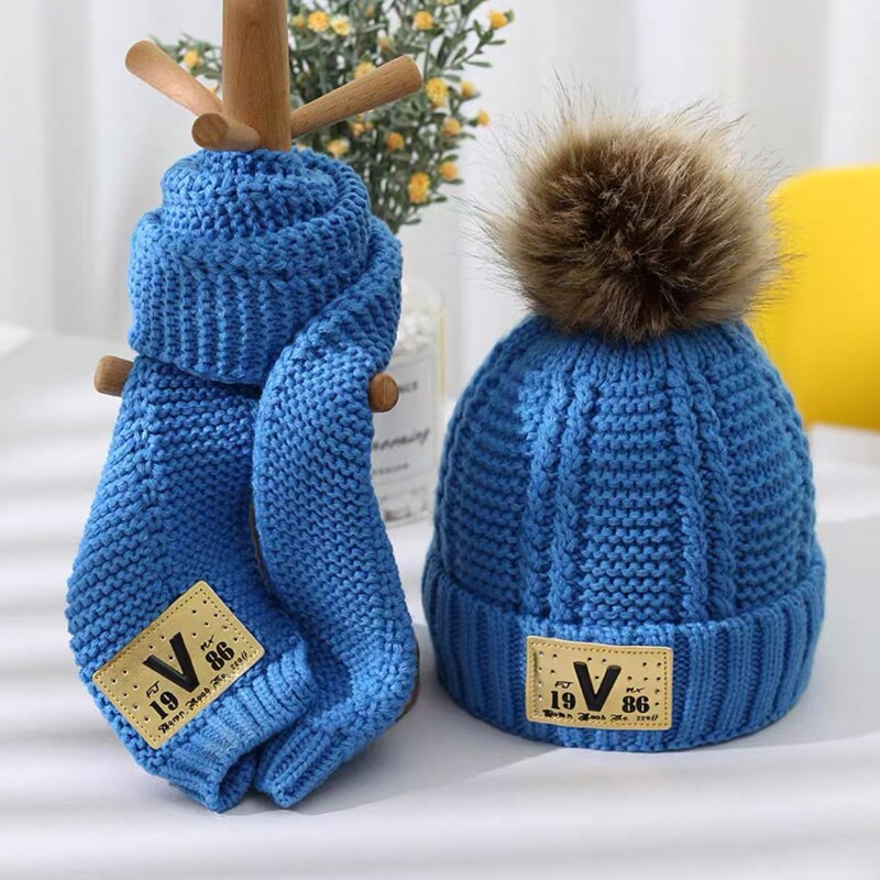 Børns hat og tørklæde sæt kombination drenge og piger dejlig tyk stil efterår vinter varm strikning uld hat og halstørklæde: Blå