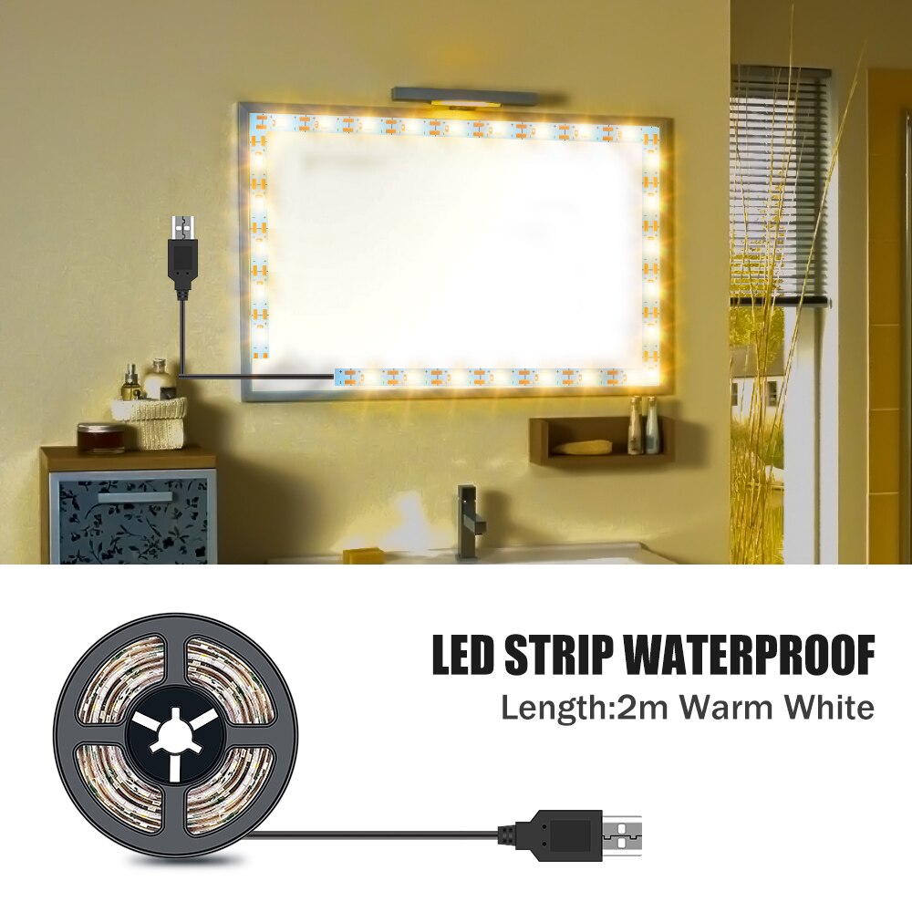 Luz LED para espejo de maquillaje, luces de tocador Hollywood impermeables de 5V, 1M, 2M, 3M, 4M, 5M, para decoración de baño: 2M  Warm White