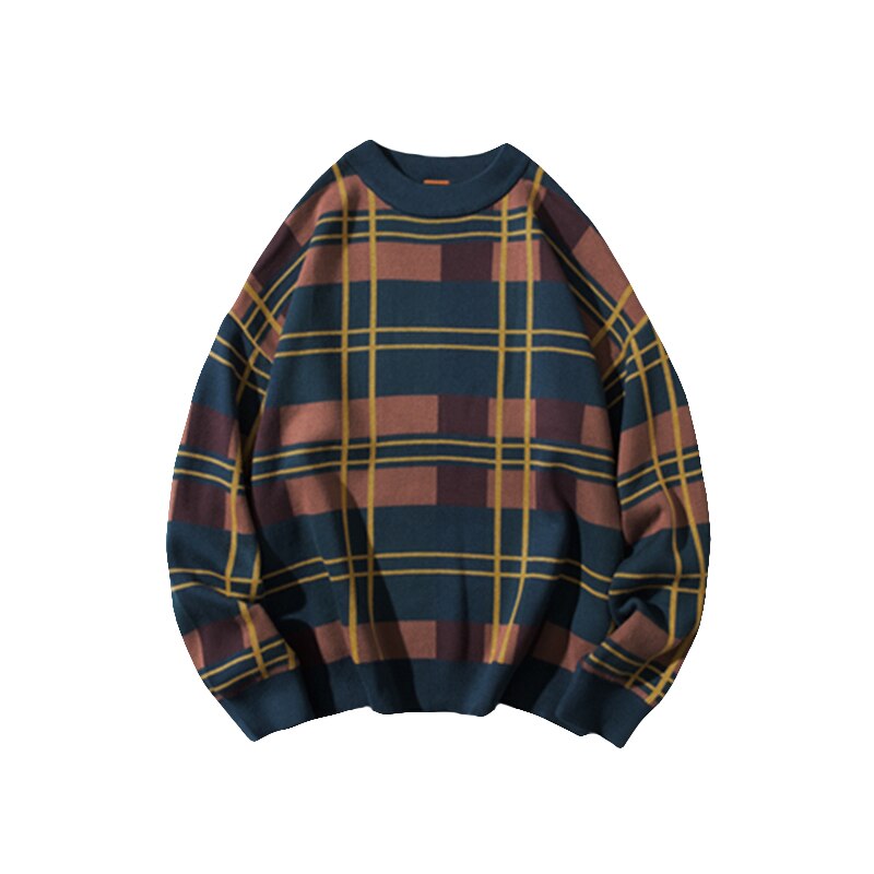 IEFB-suéter grueso a cuadros para hombre, ropa de coreana, tops de punto veintage sueltos, bloque de color, otoño e invierno, 3242: XXL