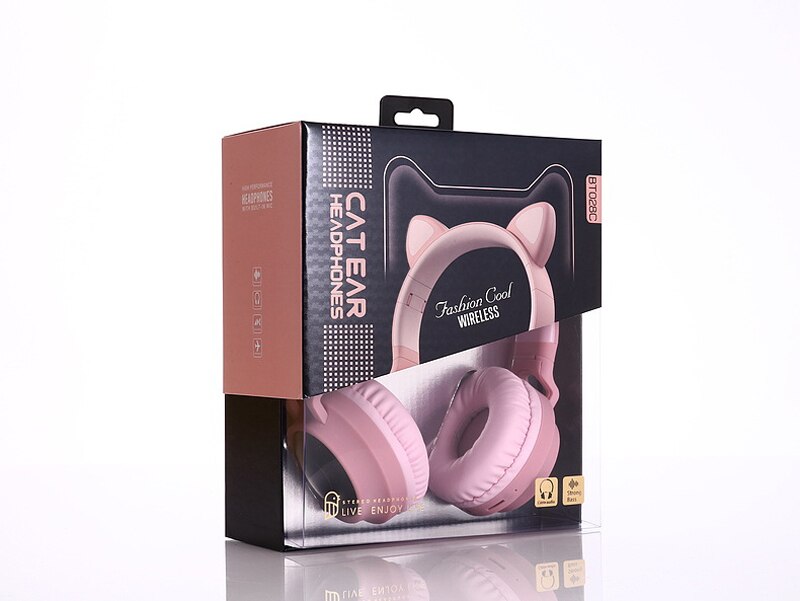 Cuffie Bluetooth a LED con orecchio di gatto cuffie carine, cuffie Bluetooth per bambini per ragazze cuffie vivavoce con luce incandescente cuffie da gioco: 028C pink with box