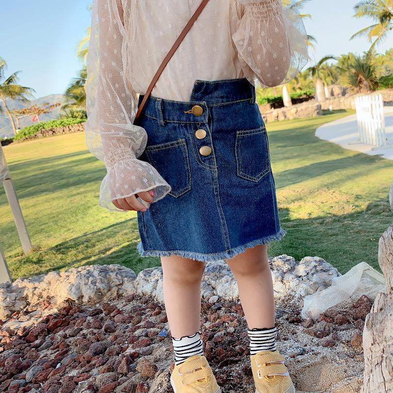 Sommer baby piger børn jean nederdele piger børn denim blyant nederdele knapper lommer enkeltradet kanter barn nederdel kostume