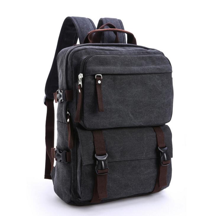 070417 men canvas backpack student school bag: Black