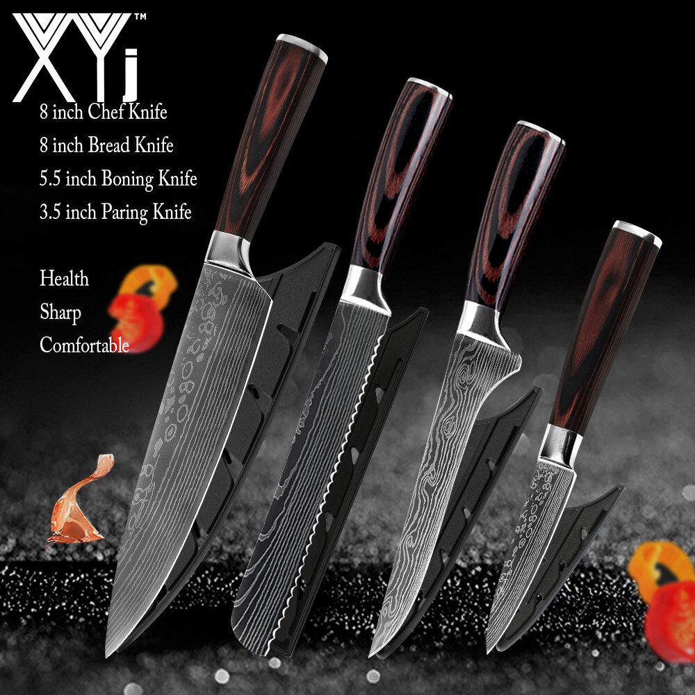 Kitchen Knives Set Stainless Steel 7CR17 Japanese Chef Knife Bread Meat Cleaver Paring Boning Kitchen Knife Covers Accessories: 4 Pcs  Value set 02