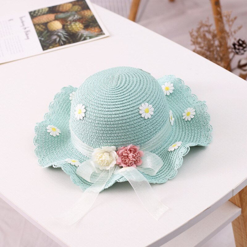 Sombreros bonitos de paja para niños, sombrero de punto con flores para verano, sombrero de Sol para niña, sombrero de ala grande de protección solar, sombrero de punto, sombrero de sol: 02