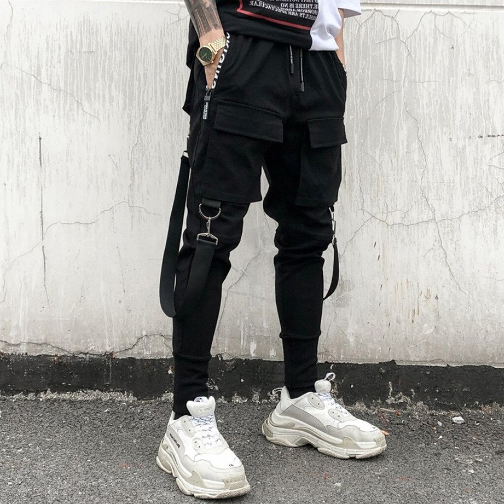 30# Side Pockets Cargo Pants Men Streetwear Hip Hop Patchwork Ripped Slim Pencil Sweatpants ropa hombre: XL