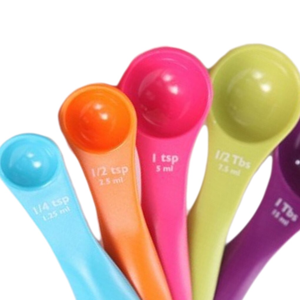 5- stykke sæt plastik måleskeer indeholder teskefulde spiseskefulde blandet farve bageværktøj