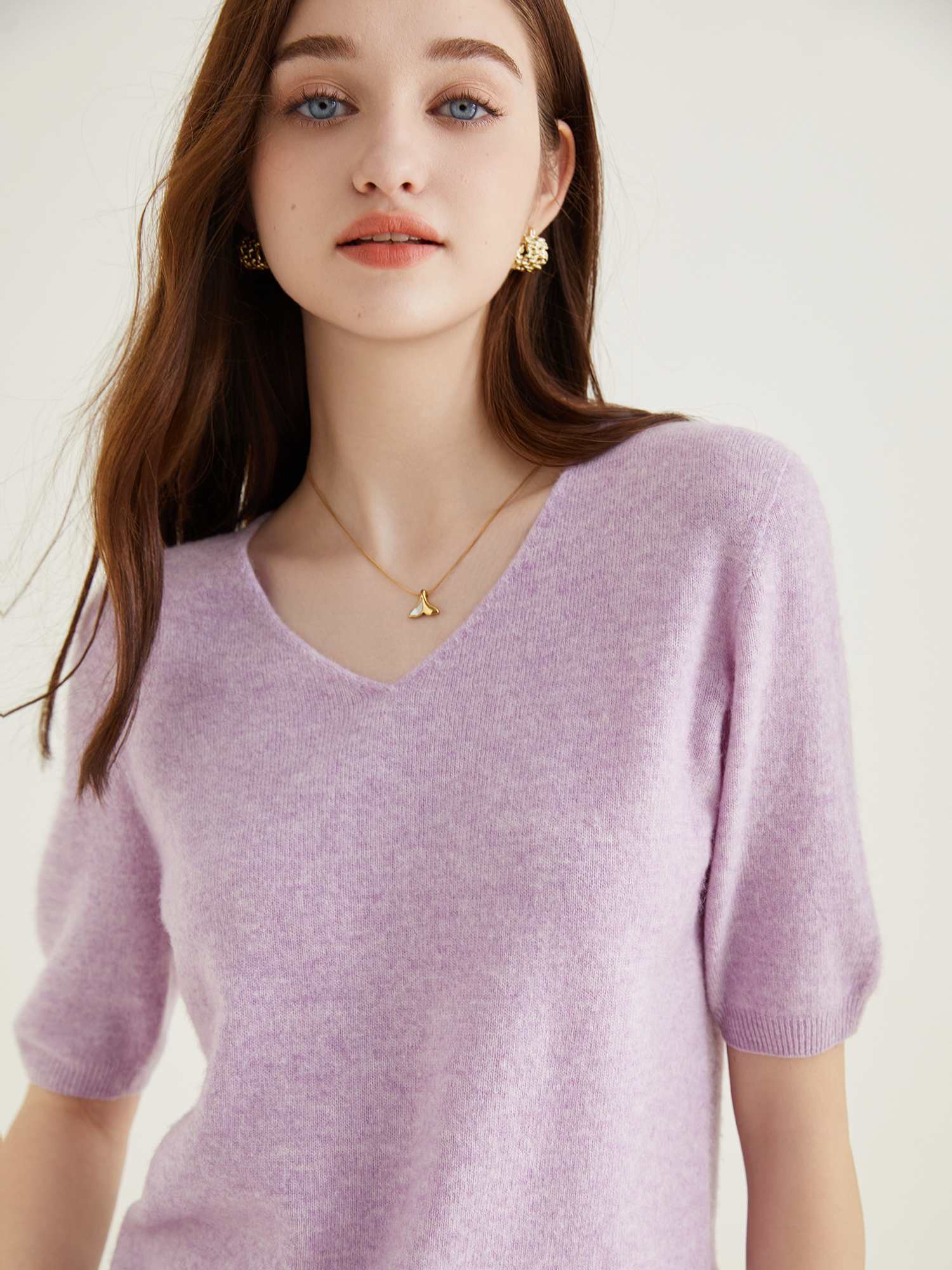 Women's Sweater 100% Merino Wool Sweater for Women Pullover Short Sleeve Tops Spring Summer V Neck Soft Knitted Female Clothing