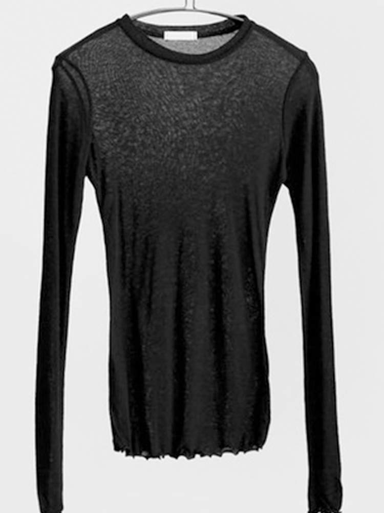 Enfärgad t-shirt kvinnor bomull elastiska enkla t-shirts kvinnliga casual toppar långärmade sexiga tunn t-shirt genomskinlig