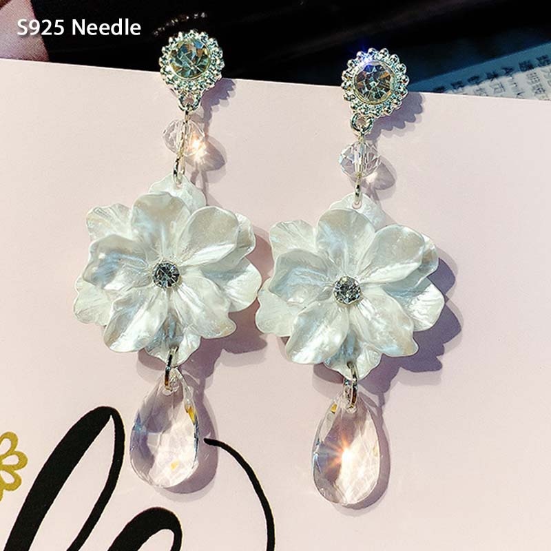 Echt 925 Sterling Zilveren Naald Lange Dangle Oorbellen Voor Vrouwen Sieraden Bloem Crystal Elegante Vrouwelijke Tassel Oorbellen