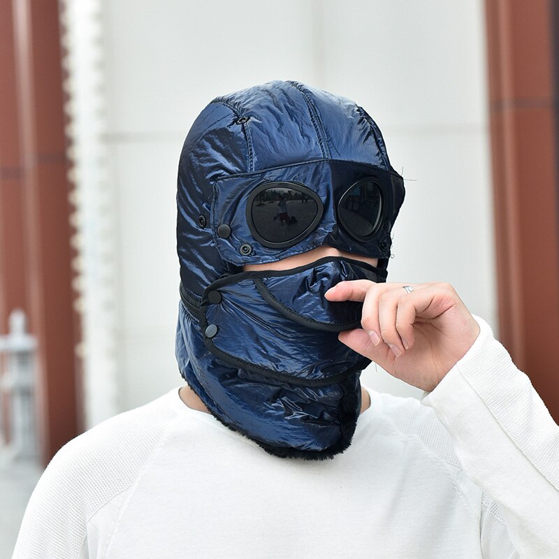 Coole Brille Kappe Neue Uschanka Winter Dicke Warme Faux Pelz Bomber Hut Männer Frauen Ski Maske Earflap Winddicht Volle gesicht Schnee Kappe: Blau