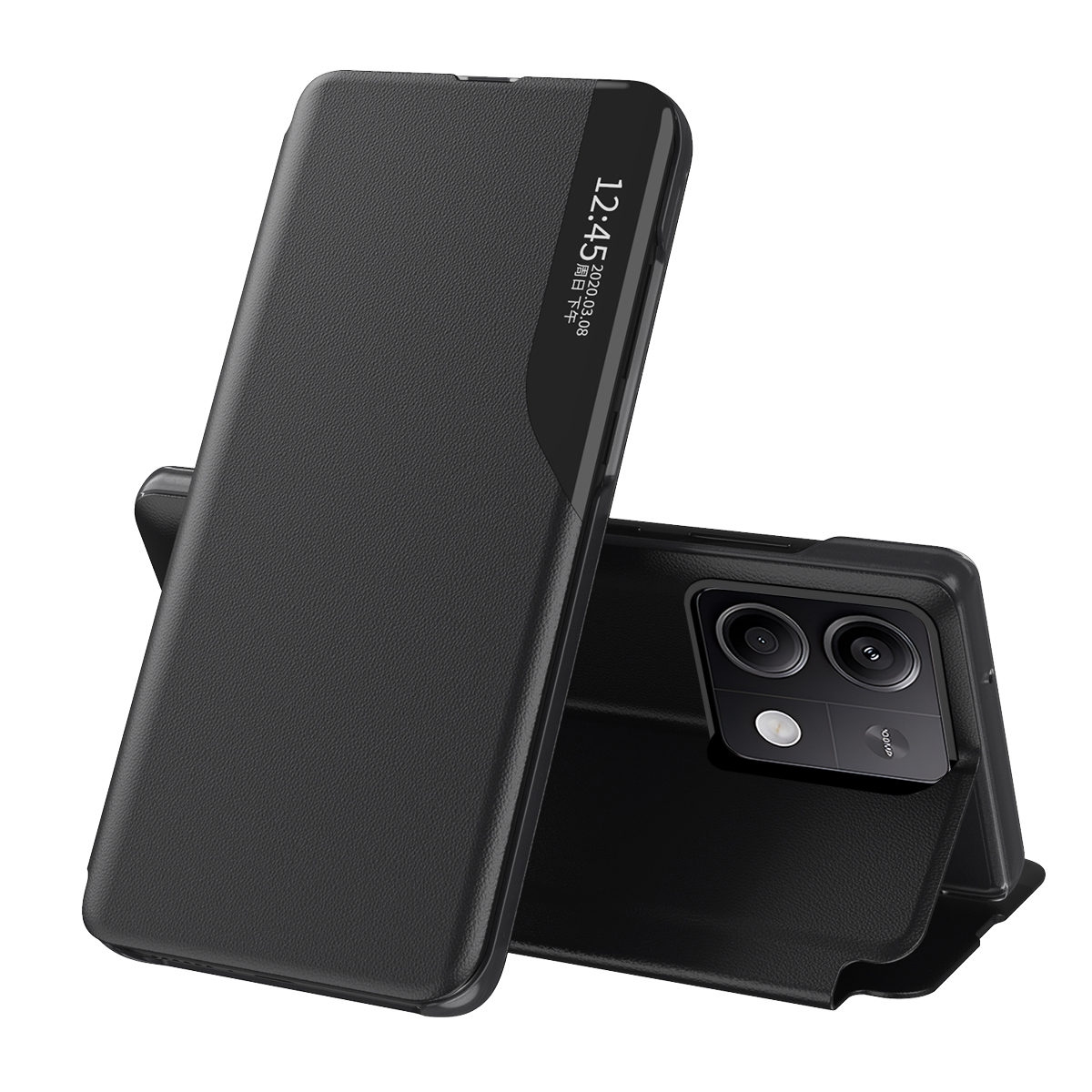 Funda de teléfono con tapa magnética con ventana para Xiaomi Redmi Note 14 13 Pro Plus 5G 4G, soporte de cuero para libro, Funda anticaída: Aluminio / Negro