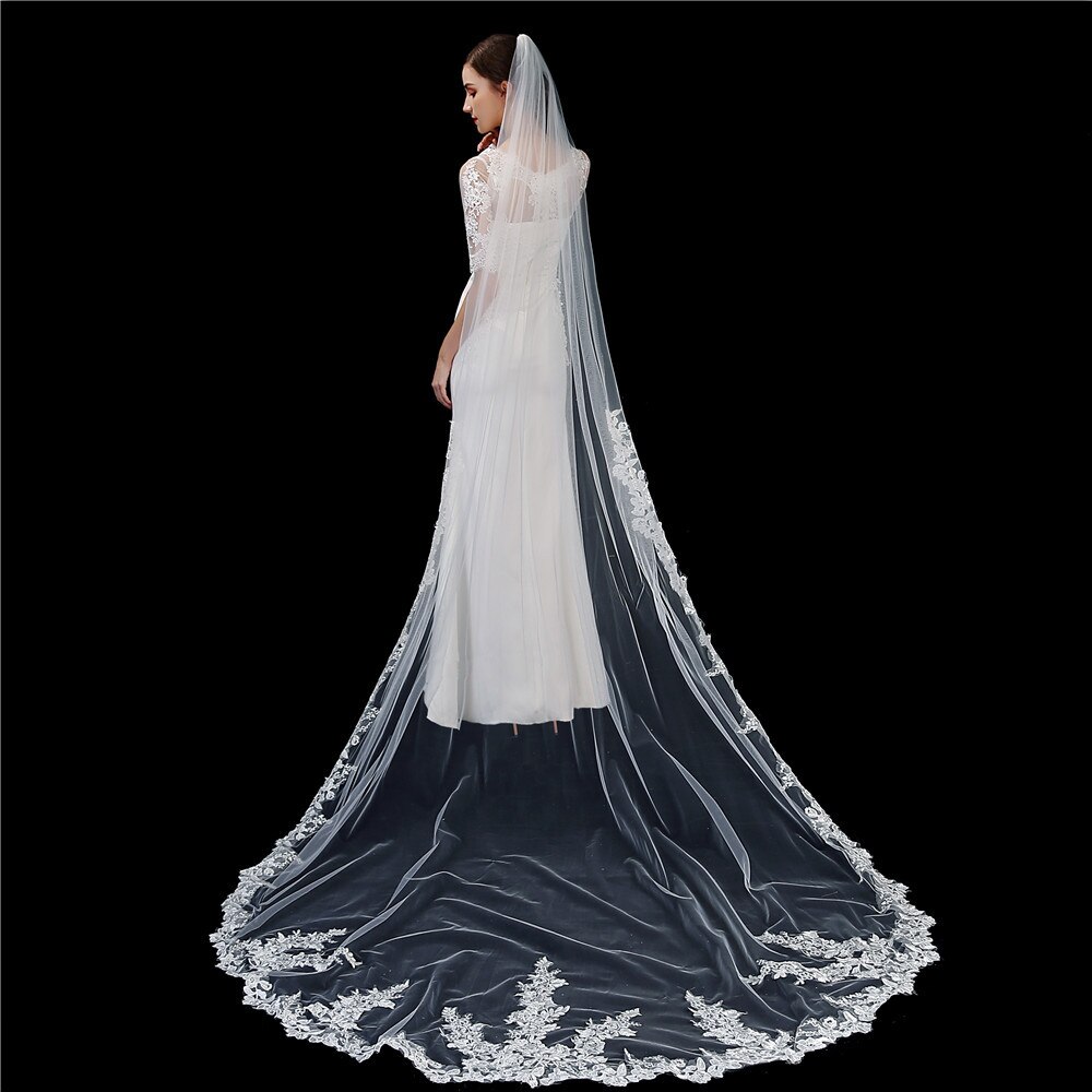 Bridal Veils Mrs Win Wedding Dress With Comb Lace Edge One-layer Appliqued 3m Cathedral Veil