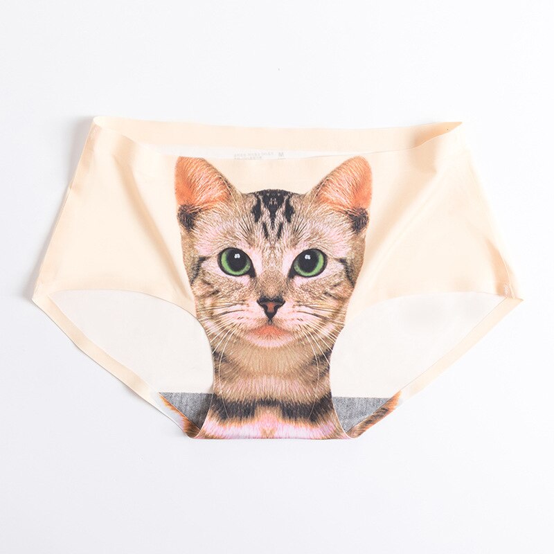 3D Cat Middle Waist Sexy Girl Underwear Cartoon Ice Silk Printed Cat Head Briefs Meow Star Man Thong Panties Underwear Women: Skin / M