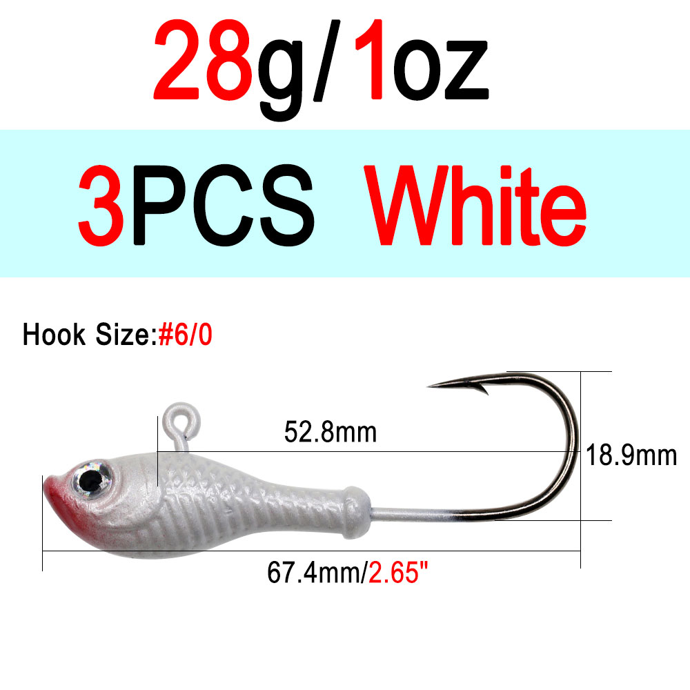 ICERIO 3 stücke 10g 14g 28g glühen Angeln Locken Metall Swimbait Jig Köpfe Haken Bucktail Jig Köpfe salzwasser Wackeln Köder Halfter Haken: 3Stck 28g Weiß