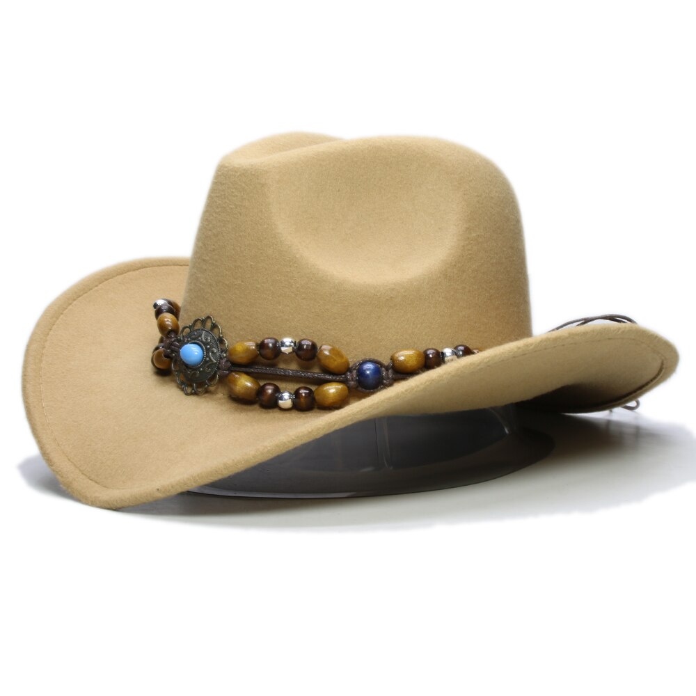 Trança de miçangas de madeira retrô, formal, turquesa, miçanga de madeira, bandunisexlã, aba larga, chapéu de vaqueiro ocidental, boné grande, 61cm: Camel