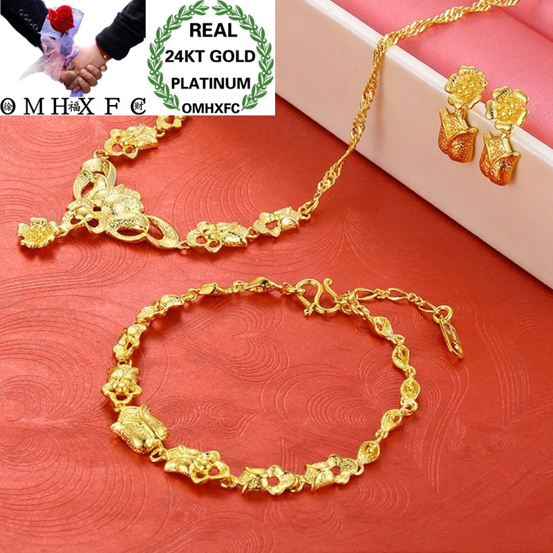 OMHXFC Europese Mode Vrouw Huwelijkscadeau Vintage Bloem 24KT Gouden Ketting + Armband + Oorbellen Sieraden Set ET01