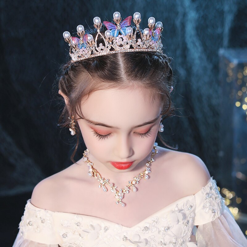 Goud Kleur Tiaras En Kronen Vlinder Parels Crystal Handgemaakte Kinderen Kroon Fotografie Party Voor Kinderen Vrouwen Prinses Diadems