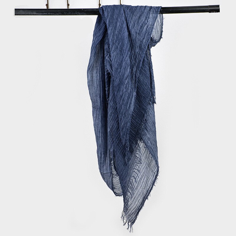 Efterår sommer tørklæde ensfarvet vintage bomuld linned tørklæder plisserede kvinder tørklæder moderigtige udskæringer og stoles 190*85cm: Mørkeblå