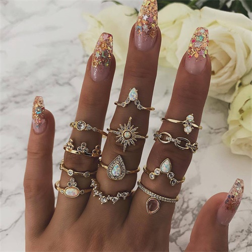 Vintage Gold Crystal Opal Knuckle Ring Set Bohemian Geometrische Snake Mary Cross Vinger Glamour Vrouwelijke Knuckle Midi Ring Sieraden: Pink