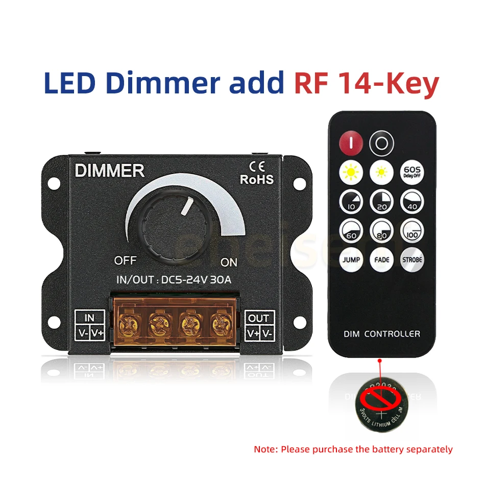 Variateur de bouton LED 30A, potentiomètre réglable haute puissance, contrôleur de commutateur de gradation et télécommande sans fil RF DC 12V 24V: Bleu