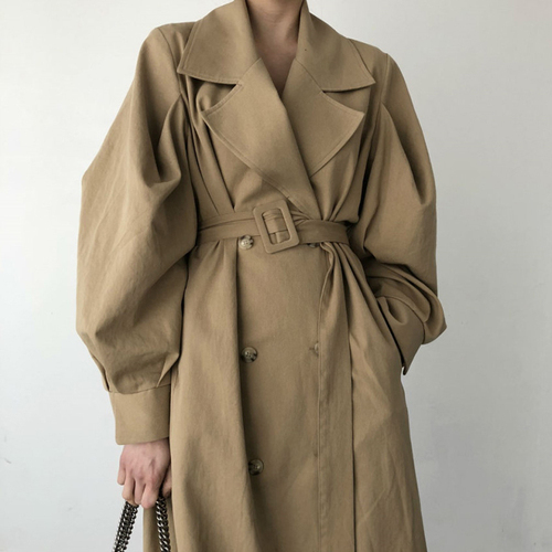 Trench-Coat Long kaki pour femme, coupe-vent Style britannique à manches bouffantes, manteau anti-poussière Long à la taille élégante, à Bandage, printemps: khaki / S