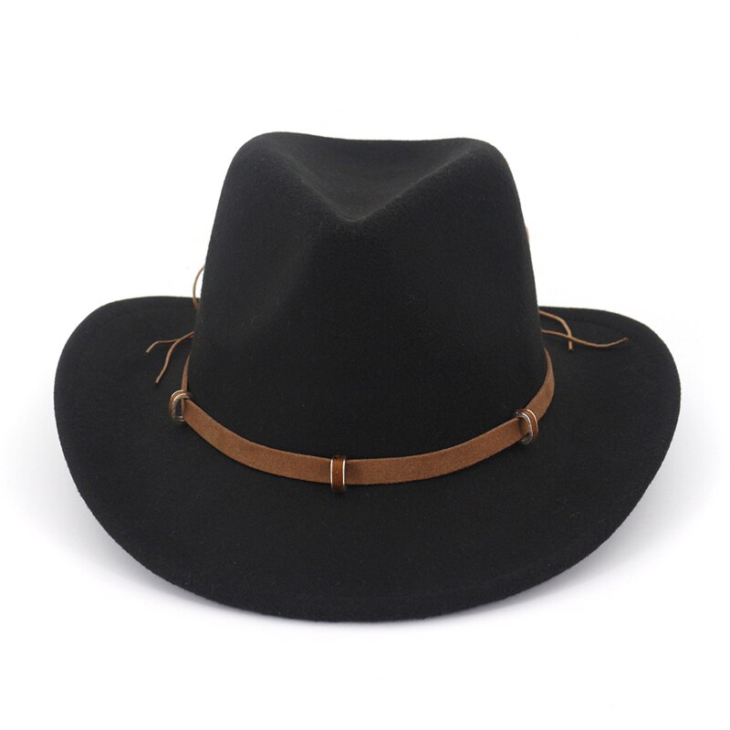 Læder dekoreret vestlig cowboy hat uldfilt jazz fedora hatte brede kant panama formel top cap sombreros til mænd kvinder