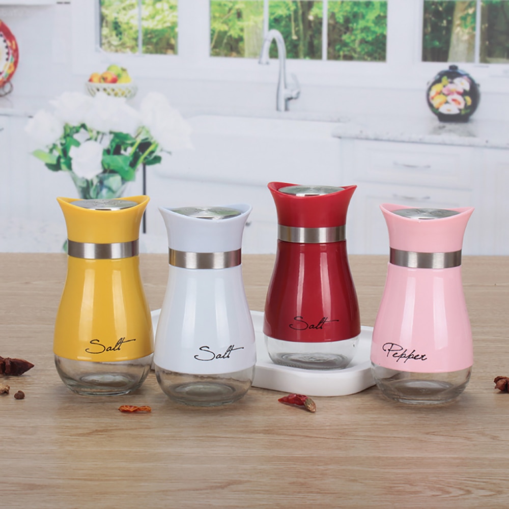 MOONBIFFY Cute Salt and Pepper Stainless Steel Glass Bottom Spice Dispenser Sea Salt Sugar Refillable Pepper Seasoning Cans
