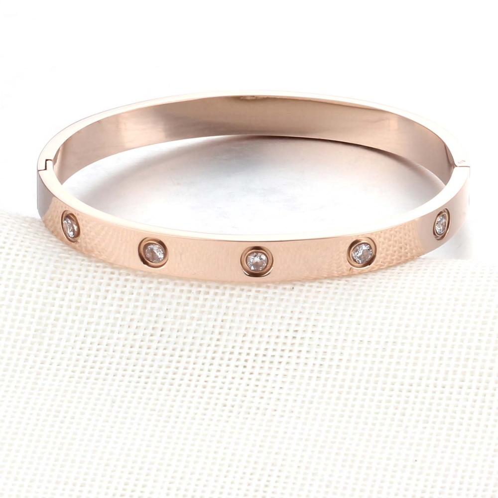 Pulseras de tornillo para amantes de las mujeres pulseras y brazaletes de acero inoxidable piedra de cristal 3 colores mujer joyería (BA101759): rose gold