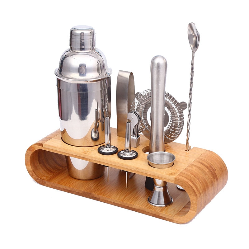 Halkfritt bartenderkit barverktyg vinblandare snygg bambuställning multifunktions rostfritt stål 9 st/set silver köksprylar