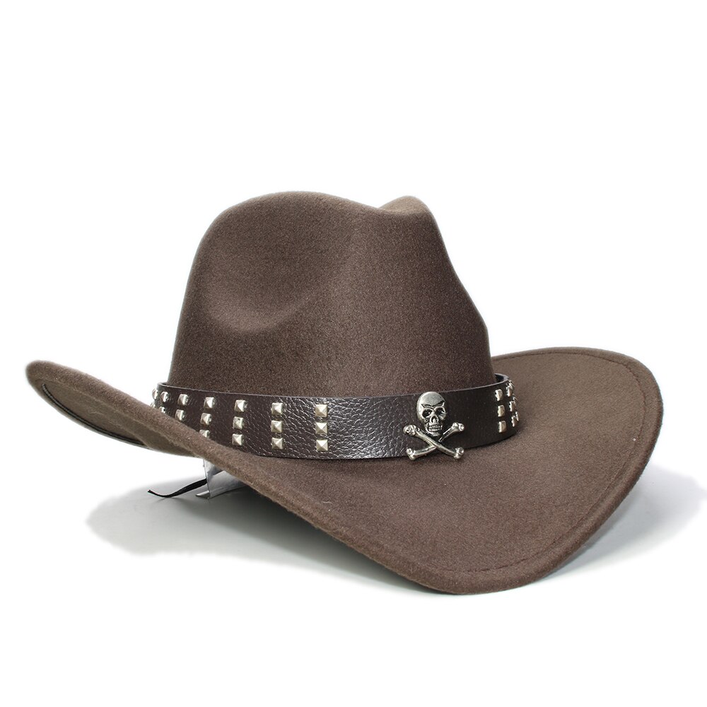 Sombrero de ala ancha de lana para niños, gorra de Fedora, banda de cuero con Calavera, Estilo Vintage Retro, vaquero, Occidental, ajustable, 54cm