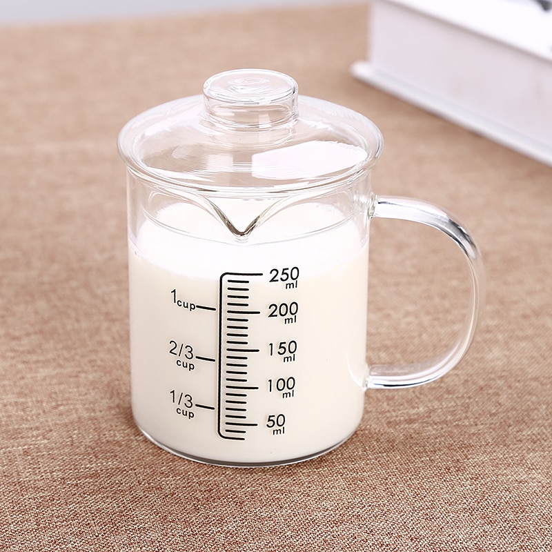Taza medidora de vidrio resistente al calor, taza de leche para niños, horno microondas, taza de agua, cubierta transparente