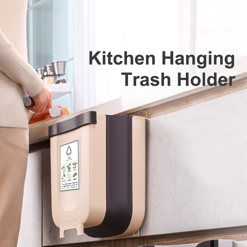 Wall Mounted Folding Waste Bin Kitchen Cabinet Door Hanging Trash Bin Garbage Car Trash Can Wall Mounted Foldable Cleaning