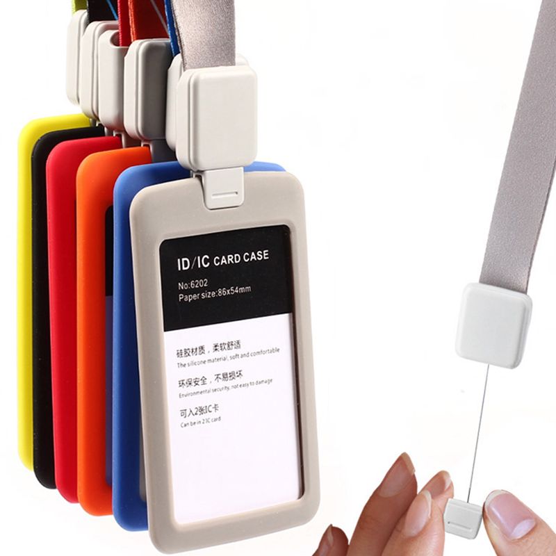 Porta badge identificativo in acrilico trasparente con custodia in silicone, cordino retrattile, porta documenti/crédito verticale, porta badge per due carte