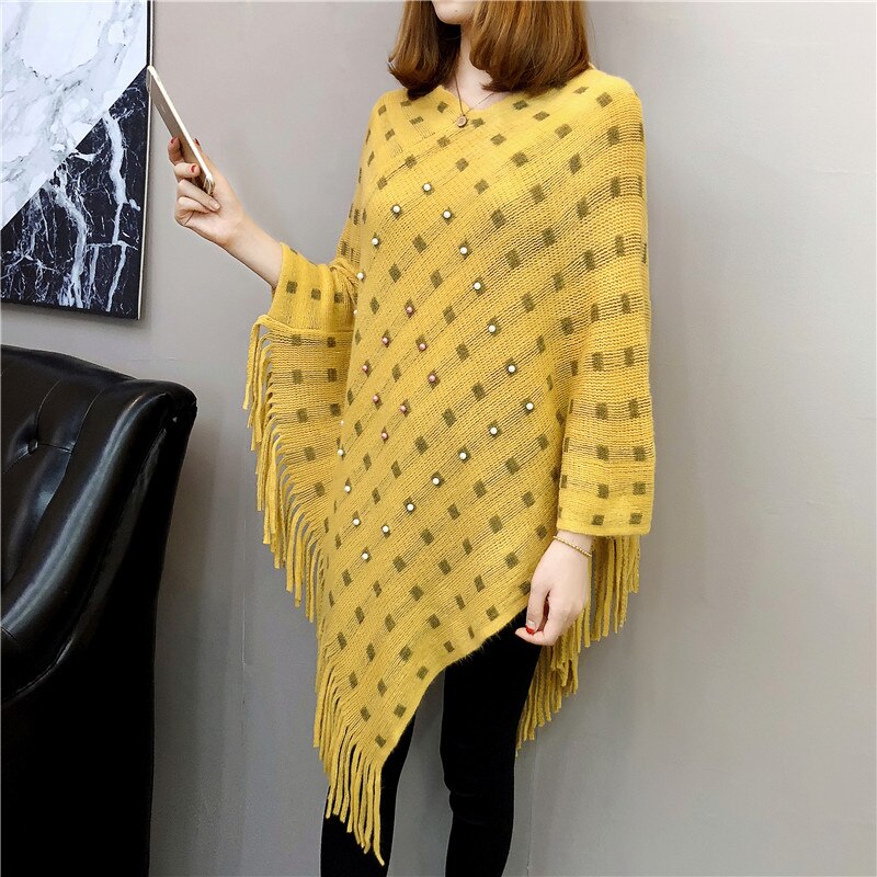 Plus lösa överdimensionerade pärlor pärlor tofs poncho batwing ärm mantel tröja stickat omlott tröja party ol chaqueta