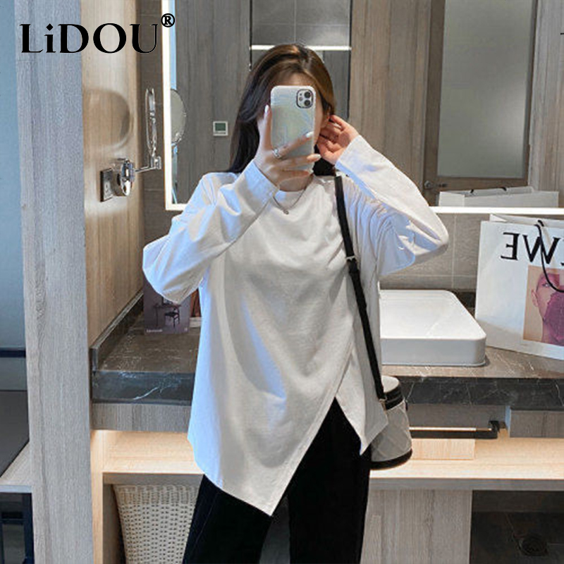 2023 nueva coreana de otoño Irregular estilo Hipster calle Neutral Normcore camiseta Top de Color sólido para mujer