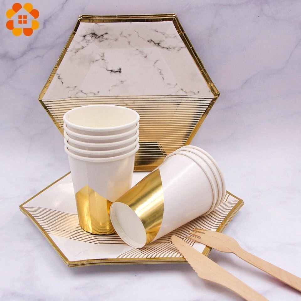 1 set vitguld marmor pappersmugg/tallrikar/servett rand engångsservis dukat bordsdekoration för bröllopsfesttillbehör