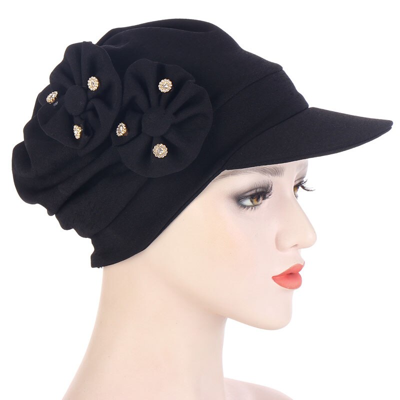 Muslim Turban Hijab Cap Women Turban Hat With Brim Flowers Head Wraps Solid Sun Protection Hats Lady Head Wear Turban: Black