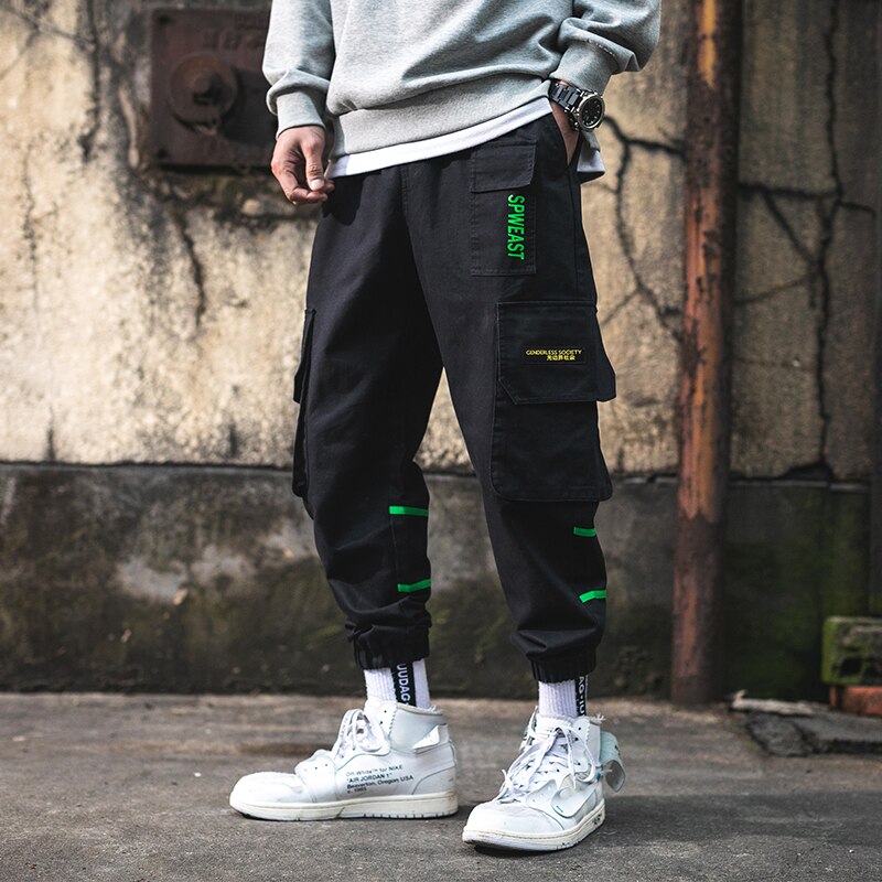 Men Harem Pant Multi Pocket Orange Trousers Feet Leisure Trouser Hip Hop Cargo Pants Streetwear