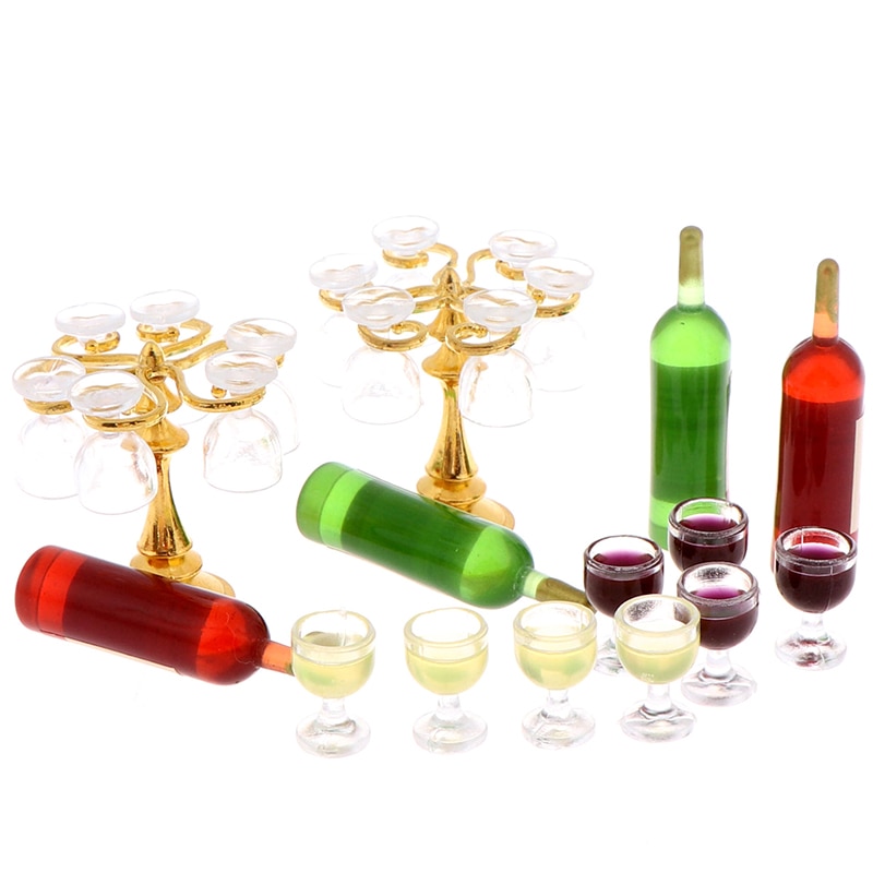 13pcs/set Wine Drink Bottles, Goblets Beer Cups Wine Bottles Cup Holder Dollhouse Miniature Pub Shop & Round Floral Stool Chair