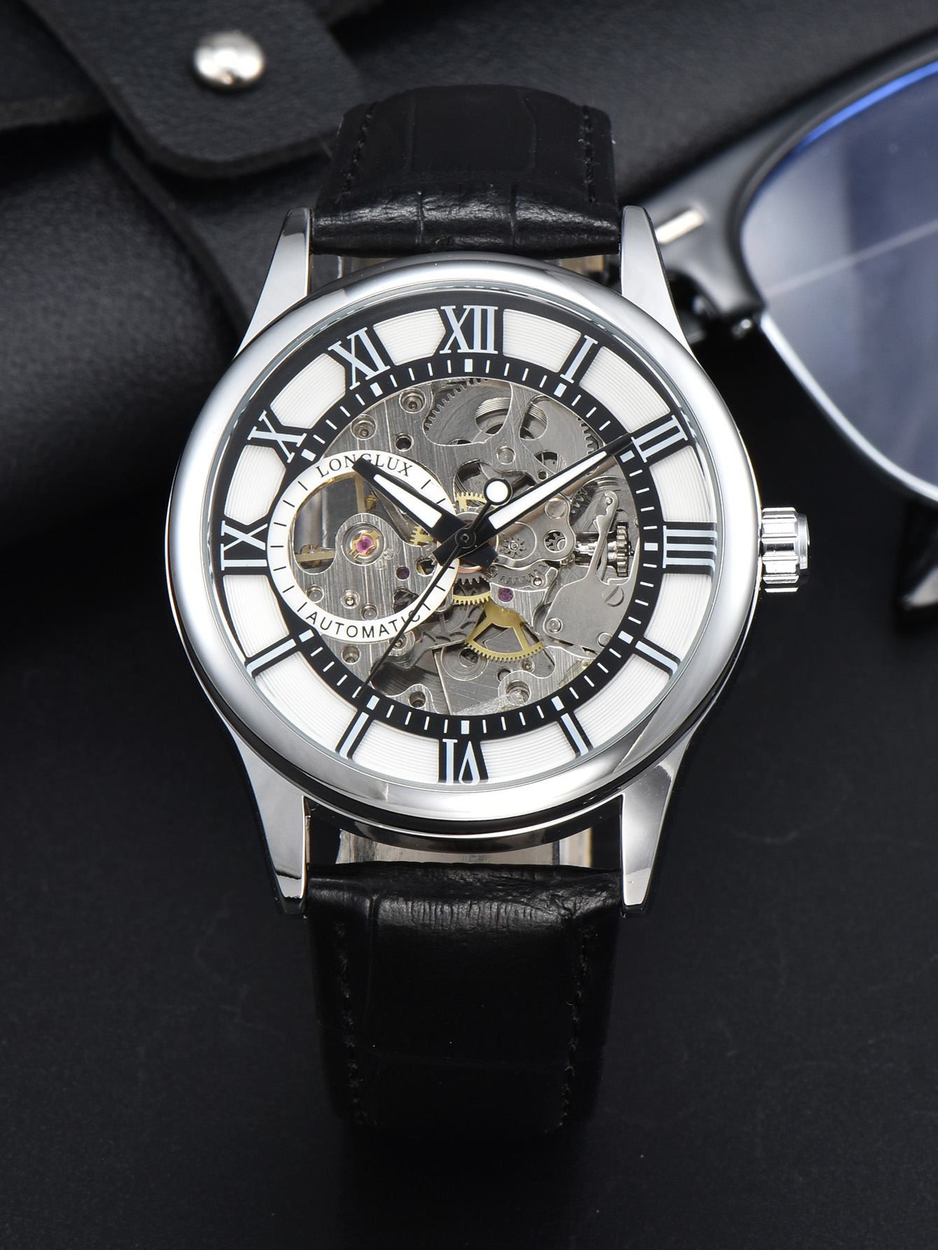 Reloj Automático LONGLUX, , relojes de pulsera mecánicos, reloj de cuero hueco resistente al agua para hombre, para hombre: Blanco