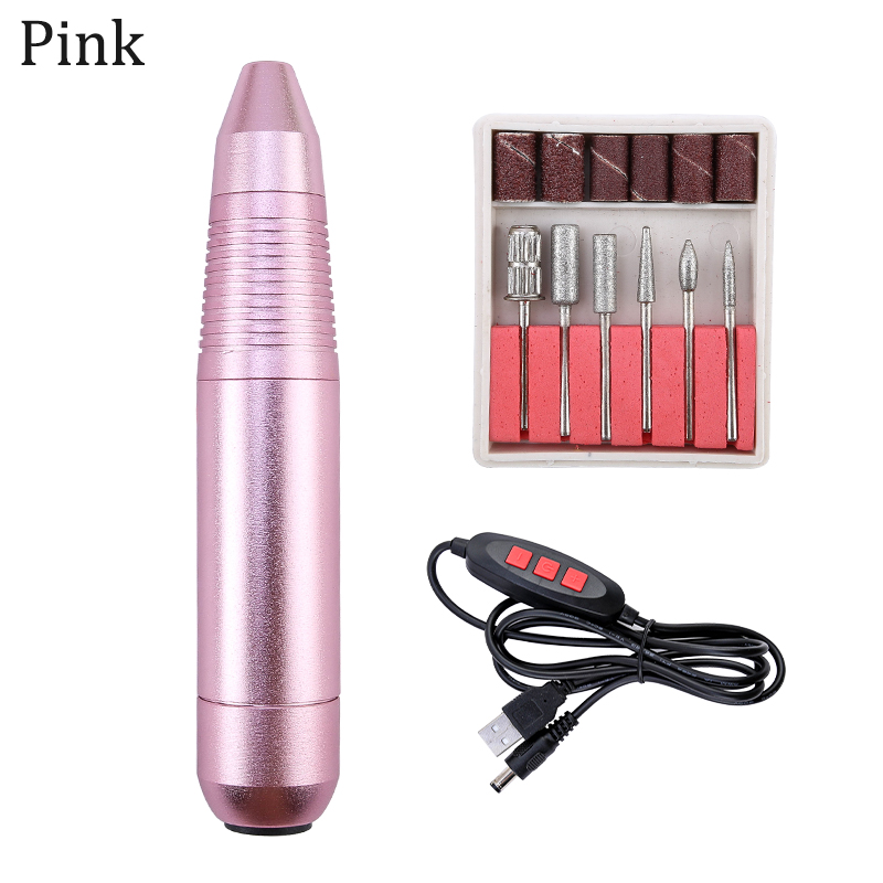 Conjunto de lixadeira elétrica de unha 20000rpm, lixadeira cerâmica usb, kit de manicure de liga de alumínio, velocidade ajustável, ferramenta para manicure: Pink