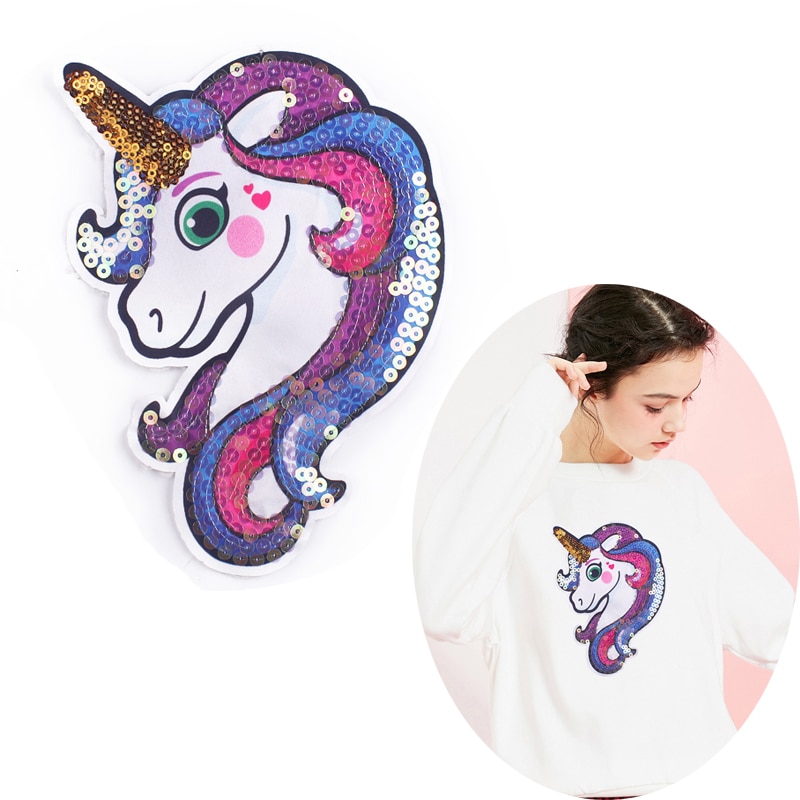 Leuke Eenhoorn Patch Borduurwerk Patches Voor Kleding Ijzer Op Meisje Kleding Pailletten Patch Cartoon Badge Diy Apparel Accessorie