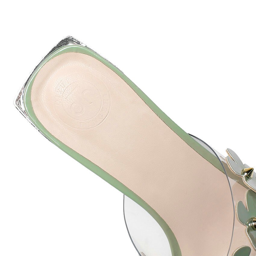 Qutaa Open Tenen Bloemen Sandalen Pu Leer Transparante Dames Pumps Zomer Vierkante Hak Slingback Vrouwen Schoenen Big Size 34-42